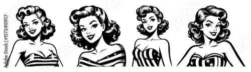 retro pin up woman portraits vector set illustration