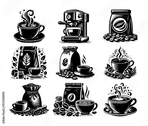 coffee brewing equipment and cup icon set vector illustration