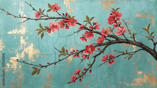 Blossoming branch with red flowers on textured teal background blossoms