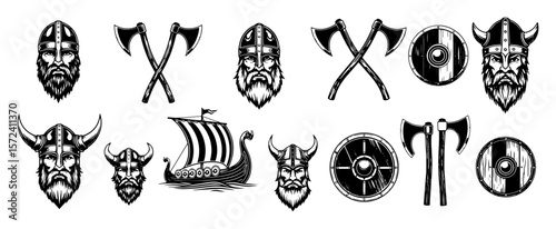 viking warrior icon set with helmet axe and ship vector