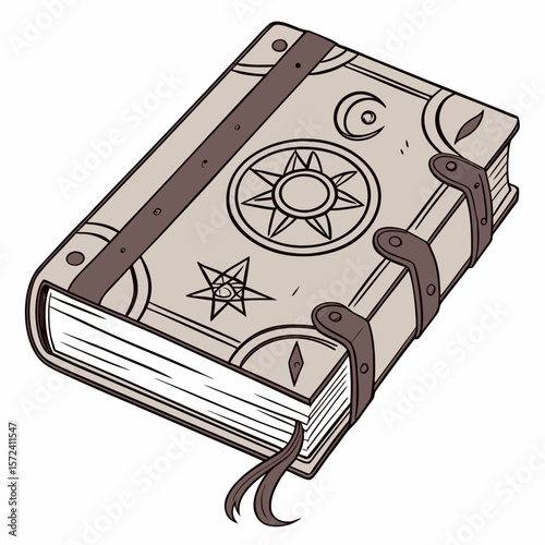 Ancient occult tome with celestial symbols and leather straps
