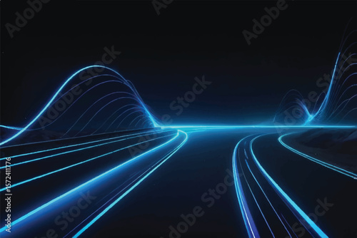 blur blue glowing light streak and laser speed motion effect,glowing speed line on night road,blur flash curves neon line wave