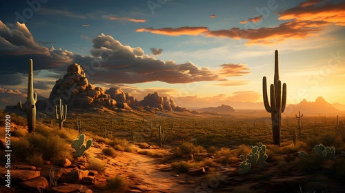 The sun sets over an Arizona desert landscape, showcasing saguaro cacti and colorful skies.