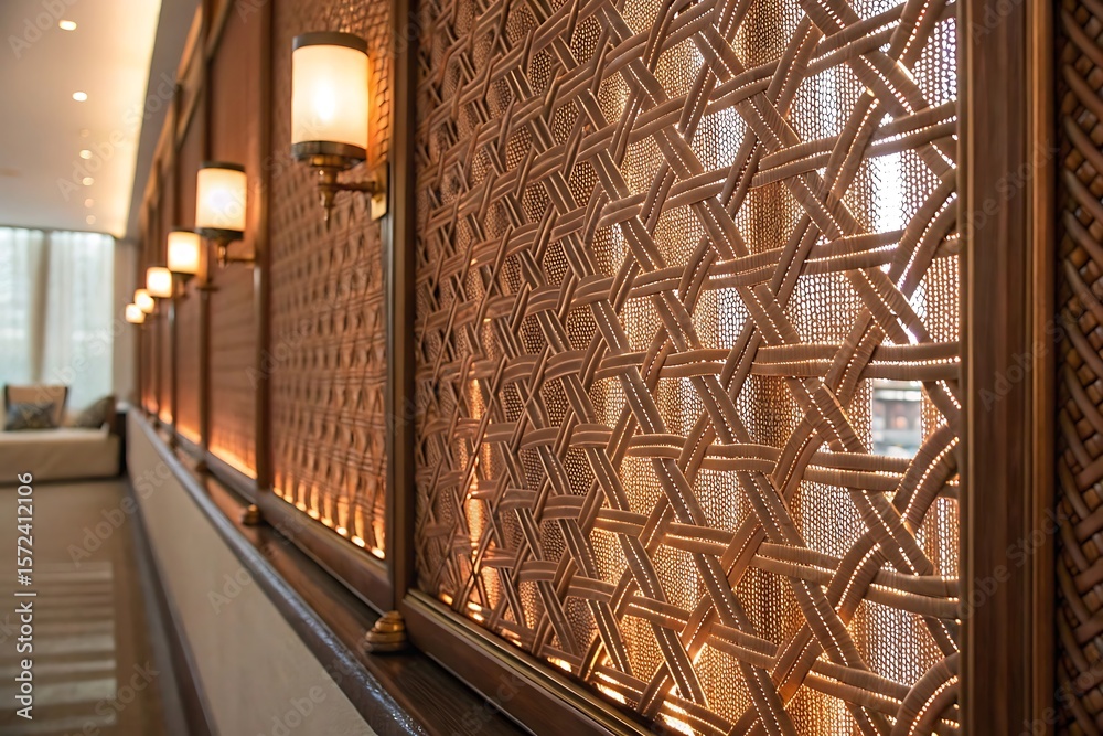 Obraz premium Beautiful Home Exterior Elegant Woven Wood Wall Panel with Backlit Geometric Design and Wall Sconces in a Modern...
