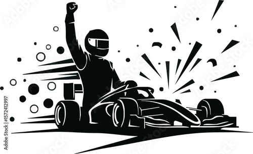 Silhouette of a race car driver celebrating victory with raised arm after winning the race.