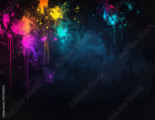 Vibrant paint splatters cascade down a dark background, creating a dynamic and colorful abstract design.