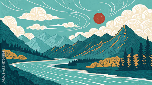 Stylized mountain landscape with river and sun image