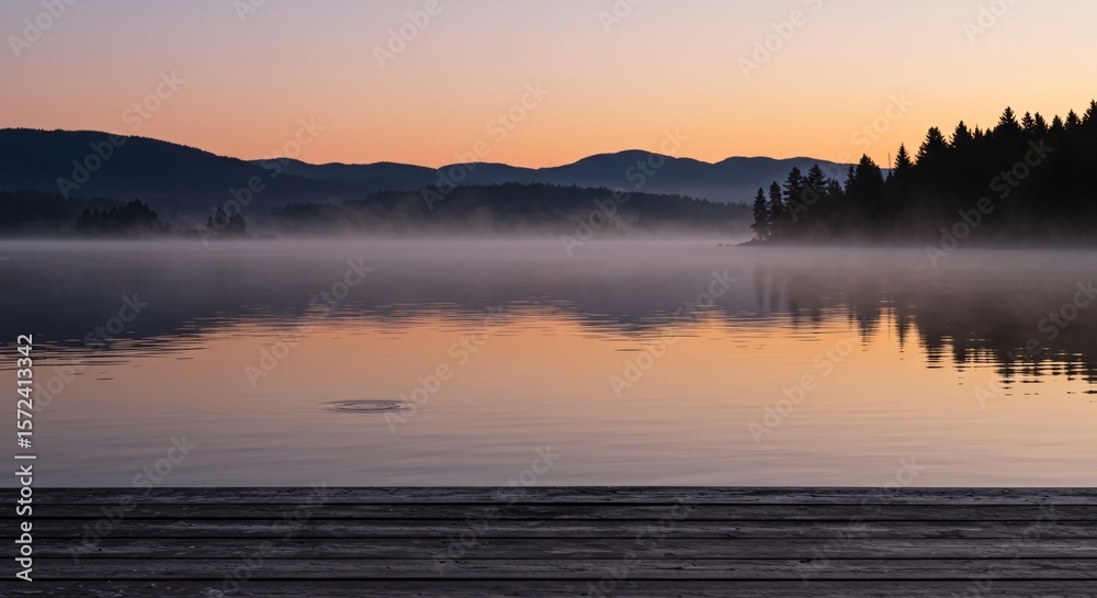 Fototapeta premium Serene lake reflecting the colorful sky at dusk with mountains in the distance