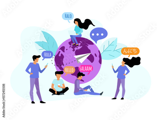 young people chatting foreign languages phone multilingual greeting hello different languages diverse culture international communication student speech bubbles earth planet