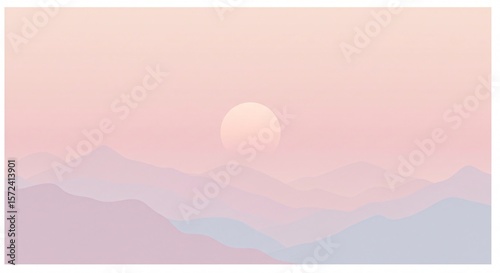 Serene landscape illustration of mountains at sunset with pastel colors and soft light