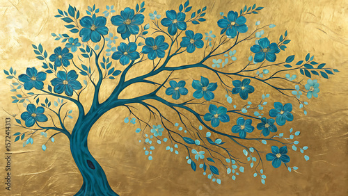 Stylized tree with vibrant blue flowers on golden background floral art decorative