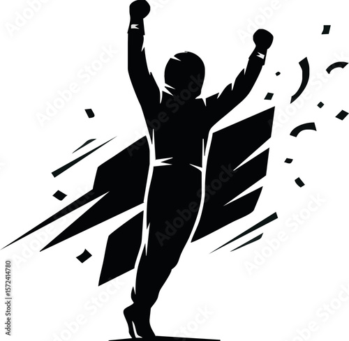 Silhouette of a racing driver celebrating victory with raised arms amidst confetti and abstract shapes.