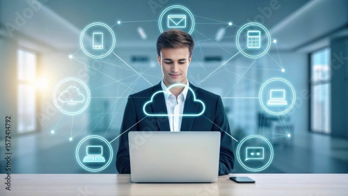 Young businessman using laptop surrounded by glowing digital network icons and cloud technology