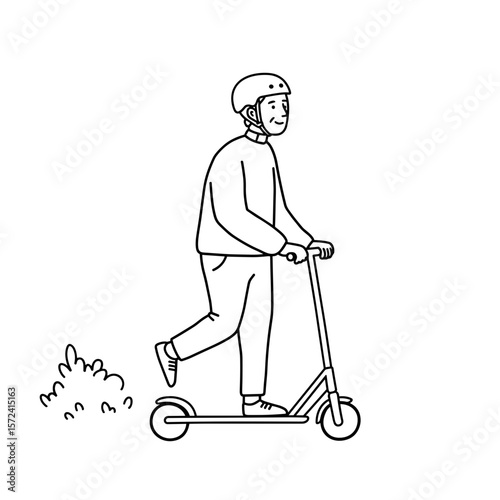 Young man riding scooter with helmet in a simple line drawing  