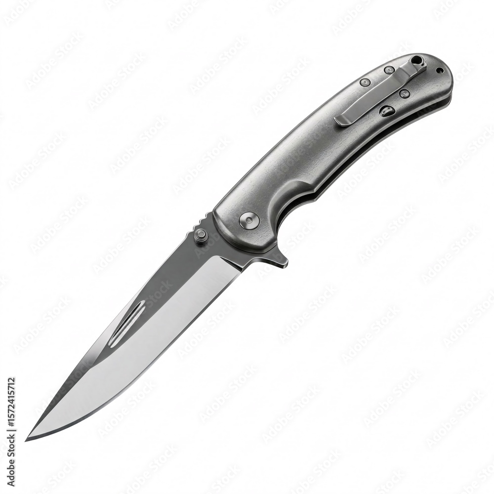 Obraz premium A silver folding knife with a metal handle, isolated on a white