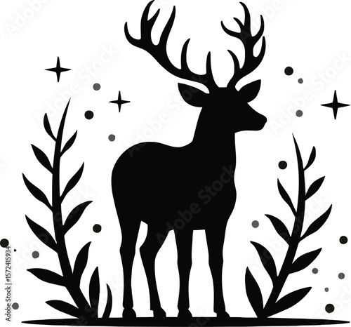 Vector art of silhouette of a deer with ornate antlers surrounded by foliage and stars, isolated on white background