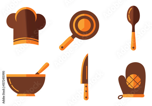 Collection of flat design kitchen utensils and chef hat in brown and orange colors