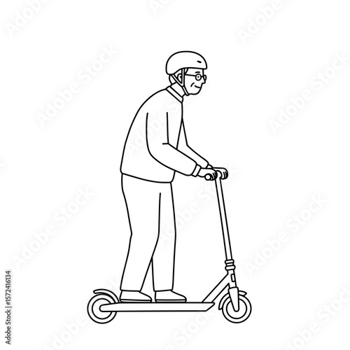 Elderly man riding a scooter while wearing a helmet in black and white  