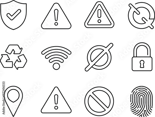 Collection of thin line icons representing security safety warning and technology concepts