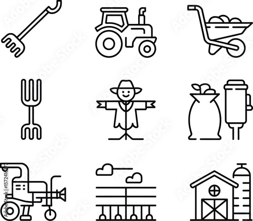 Collection of farming icons including tractor scarecrow barn and farm equipment