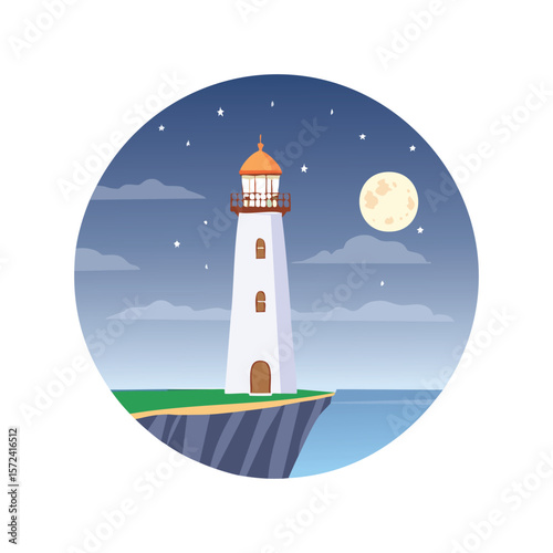 Simple Illustration Lighthouse on a cliff at night