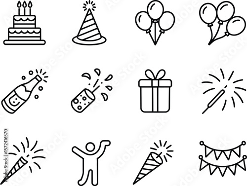 Collection of festive celebration icons including cake balloons gifts and party poppers