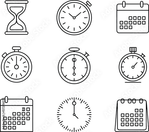 Collection of simple line art icons representing time management and scheduling concepts