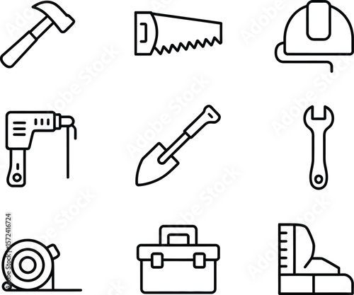 Collection of simple line art icons representing construction and diy tools