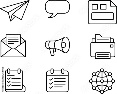 Collection of nine simple black line art icons representing communication and business tasks