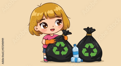 Girl Recycling Plastic Bottles in Bags