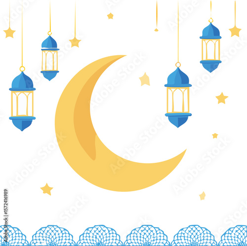 Simple Illustration Islamic background with crescent moon & lanterns