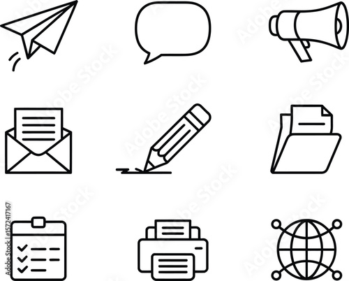 Collection of nine communication and business related outline icons on white background