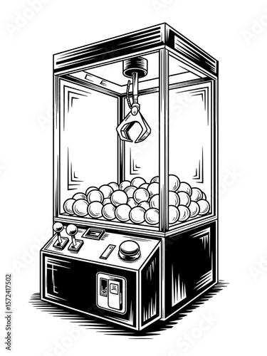 Vintage Claw Machine A Black and White Woodcut Illustration