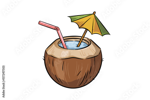 Refreshing Coconut Drink A Cartoon Illustration of Tropical Summer Fun