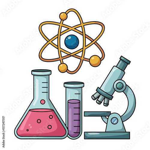 Cartoon Illustration of Scientific Lab Equipment Microscope, Beaker, Test Tube, Atom