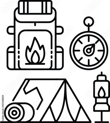Camping gear icons including backpack tent compass and lantern