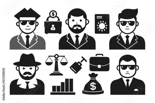 Comprehensive collection of black and white graphic symbols representing bribery corruption and illicit financial dealings suitable for presentations and reports