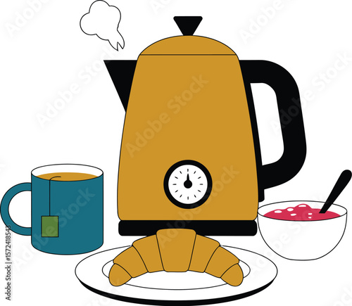 Breakfast still life illustration with tea kettle croissant and jam for morning routine concept art