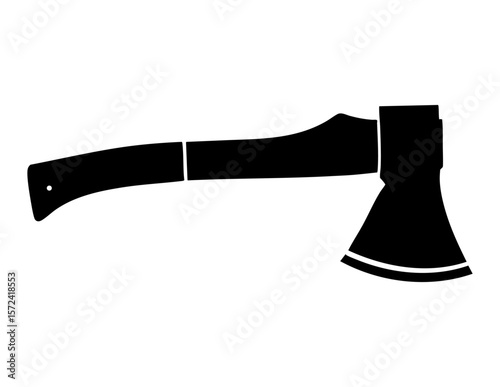 Black silhouette of an axe, suitable for Halloween designs, horrorthemed projects, woodworking illustrations, and wilderness logos. Ideal for branding materials.