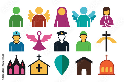 Collection of colorful religious symbols representing christian faith featuring iconic representations of spiritual beliefs and sacred elements in a vibrant palette