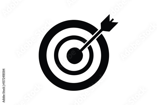 Black and white graphic icon of an archery target with an arrow hitting the bullseye symbolizing success and achievement