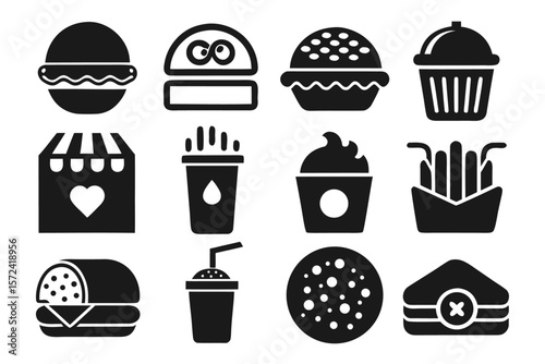 Comprehensive collection of black and colorful graphic elements representing various fast food and dining establishments perfect for culinary branding and design projects