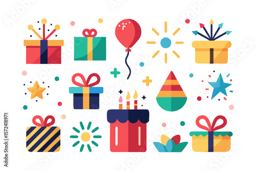 A vibrant collection of celebratory gift and surprise icons featuring colorful elements and clear symbolic representations for various occasions and emotions presented in a cohesive graphic set