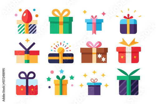 Collection of colorful signed icons representing gifts and surprises perfect for celebratory or special occasion designs and digital content creation