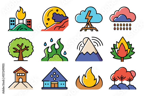 Comprehensive collection of distinct colorful symbols representing various natural catastrophes and environmental events presented as a cohesive graphic element set for diverse applications