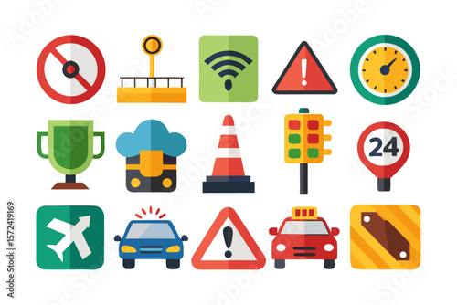 Comprehensive collection of road and driving related graphical symbols featuring clear signage elements for navigation and traffic guidance in a colorful presentation