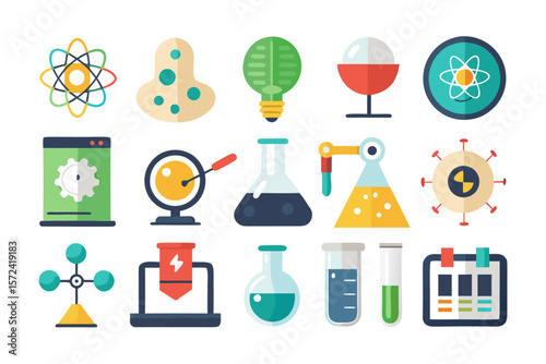 Comprehensive collection of black and vibrant research and science symbols for user interface design featuring diverse scientific and academic elements