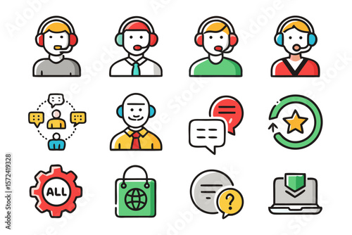 Comprehensive collection of colorful service and support symbols featuring assistance communication and operational elements for digital and print applications