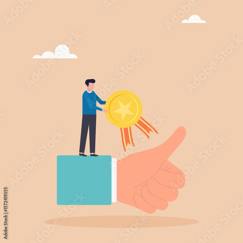 Employee of the month, best manager or successful staff who received an award. Businessman celebrating employee award with thumbs up symbol.	