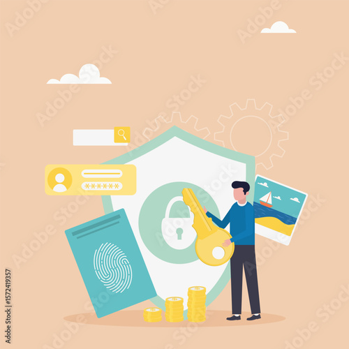 Fingerprint scanning, identification system. Data protection concept. The man holds the key. Flat cartoon style. Vector illustration.	
